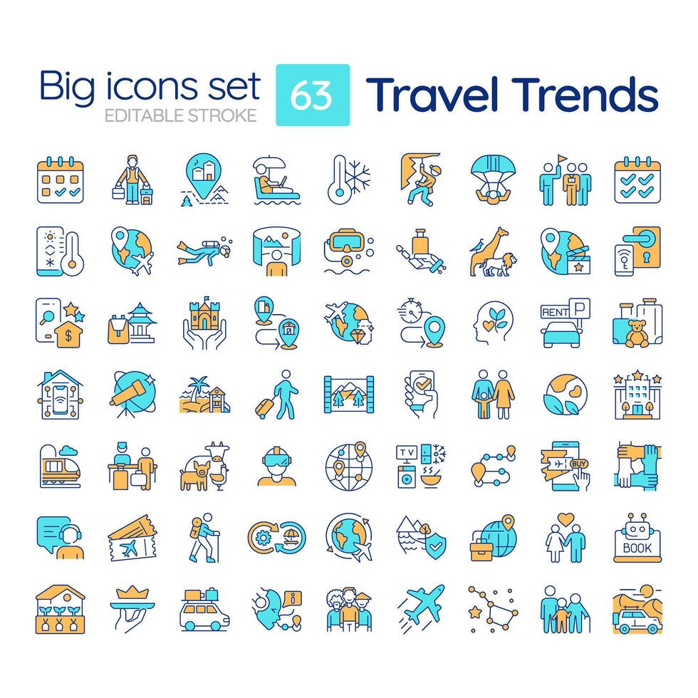 Travel trends RGB color icons set. Global travel. Responsible tourism, Technology integration. Travel activities. Isolated illustrations. Simple filled line drawings collection. Editable stroke vector