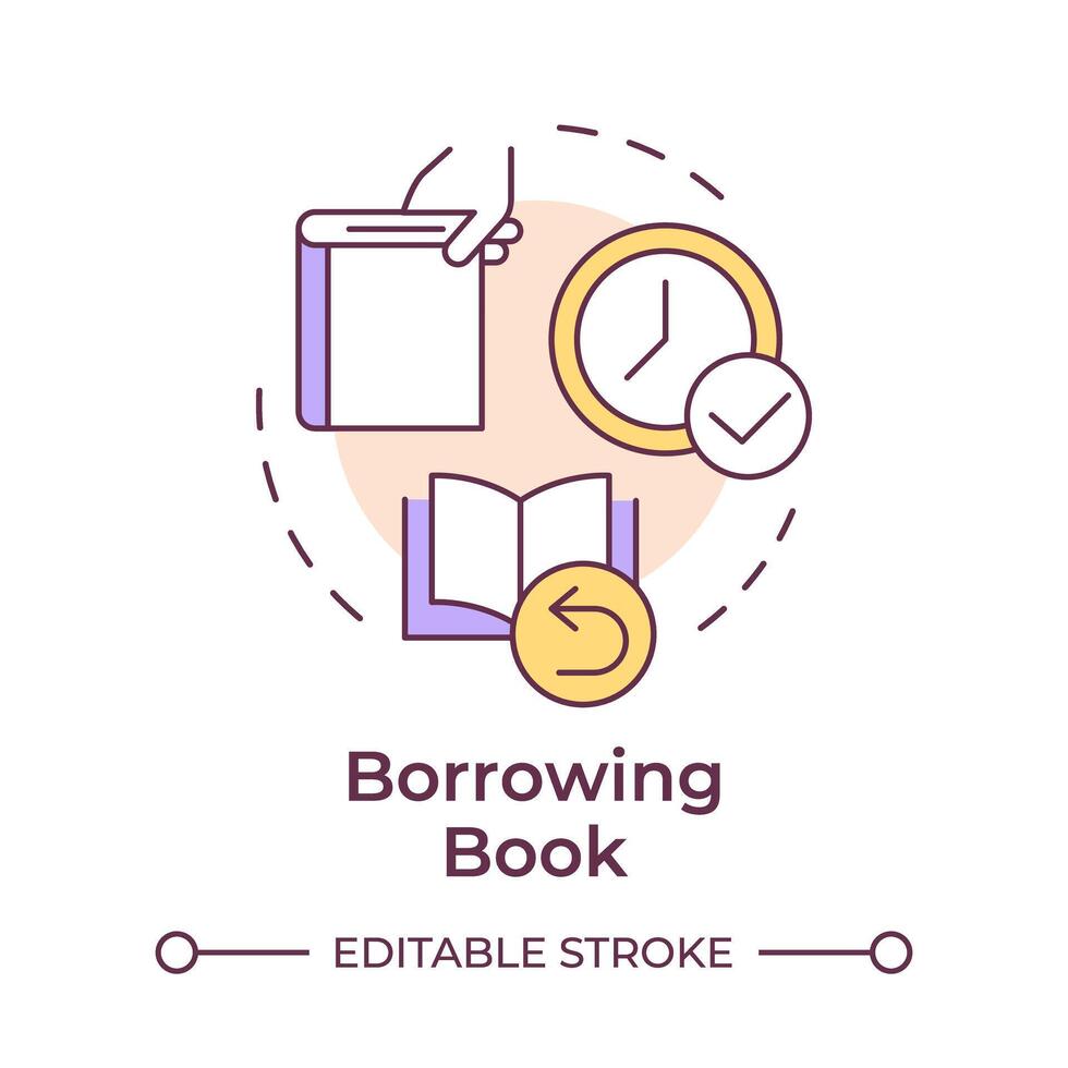 Book borrowing multi color concept icon. Lending services, resource sharing. Reading culture. Round shape line illustration. Abstract idea. Graphic design. Easy to use in infographic, blog post vector