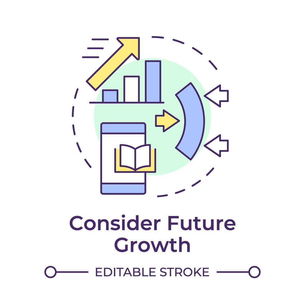 Consider future growth multi color concept icon. Library management system. Workflow organization. Round shape line illustration. Abstract idea. Graphic design. Easy to use in infographic, blog post vector