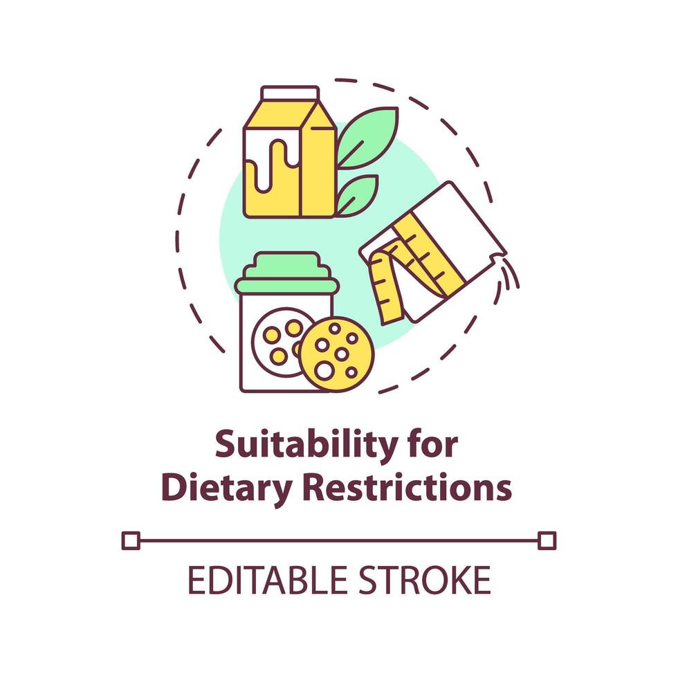 idoneidad para dietético restricciones multi color concepto icono. lactosa intolerancia, vegetariano alimento. redondo forma línea ilustración. resumen idea. gráfico diseño. fácil a utilizar en artículo, Blog enviar vector