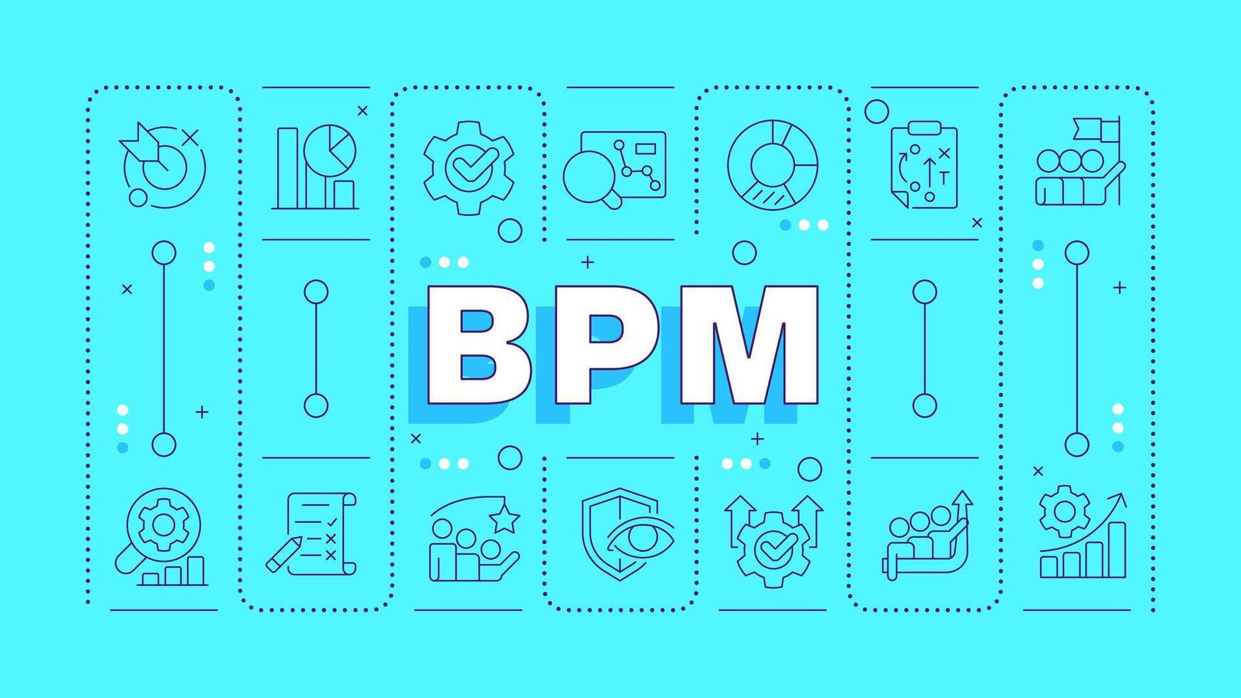 BPM turquoise word concept. Customer service, user experience. Workflow automatization. Typography banner. illustration with title text, editable icons color. Hubot Sans font used vector