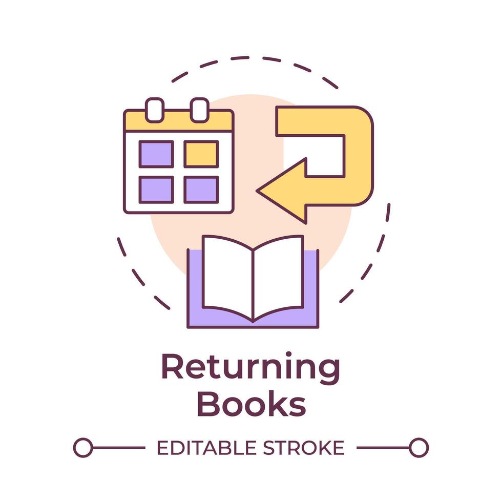 Book returning multi color concept icon. Library materials return, circulation. User service. Round shape line illustration. Abstract idea. Graphic design. Easy to use in infographic, blog post vector