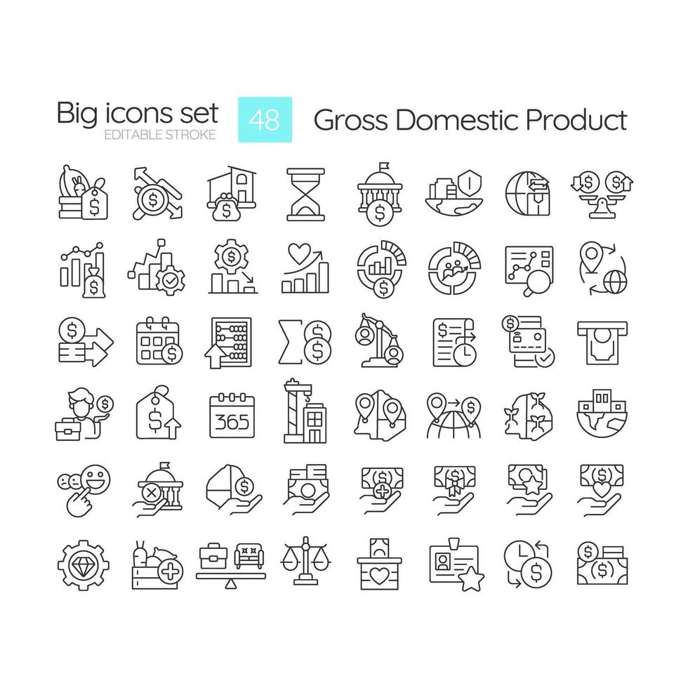 Gross domestic product linear icons set. Economy growth. Purchasing power. National economy consumption. Customizable thin line symbols. Isolated outline illustrations. Editable stroke vector