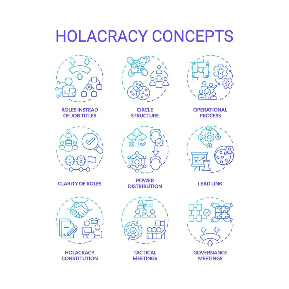 Holacracy structure blue gradient concept icons. Power distribution. Operational process, meetings. Icon pack. images. Round shape illustrations for promotional material. Abstract idea vector