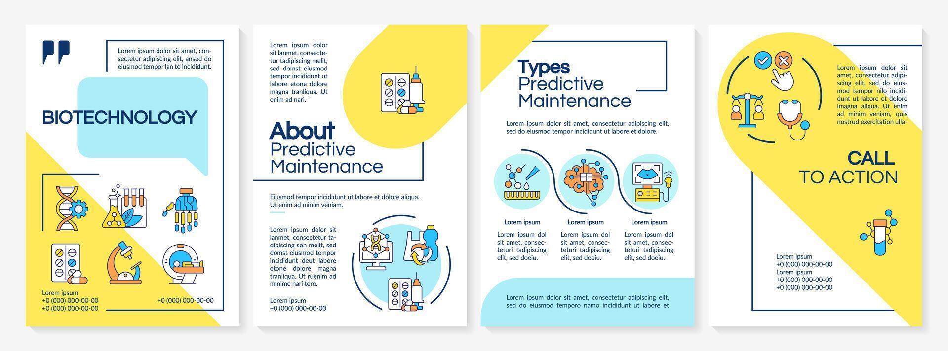 Biotechnology blue and yellow brochure template. Medical engineering. Leaflet design with linear icons. Editable 4 layouts for presentation, annual reports vector