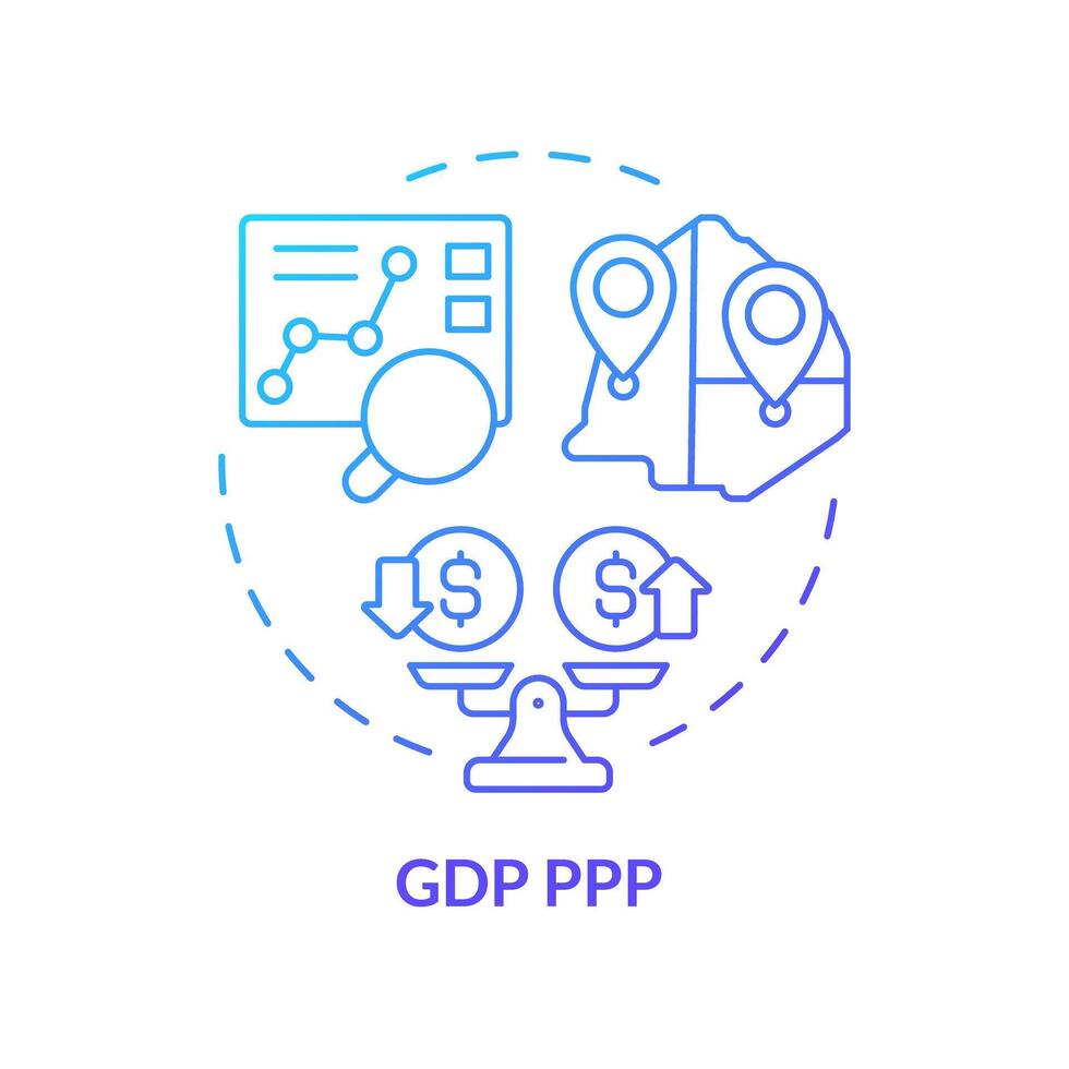Gdp ppp blue gradient concept icon. Purchasing power parity. Wages and salaries, social economics. Round shape line illustration. Abstract idea. Graphic design. Easy to use in brochure, booklet vector