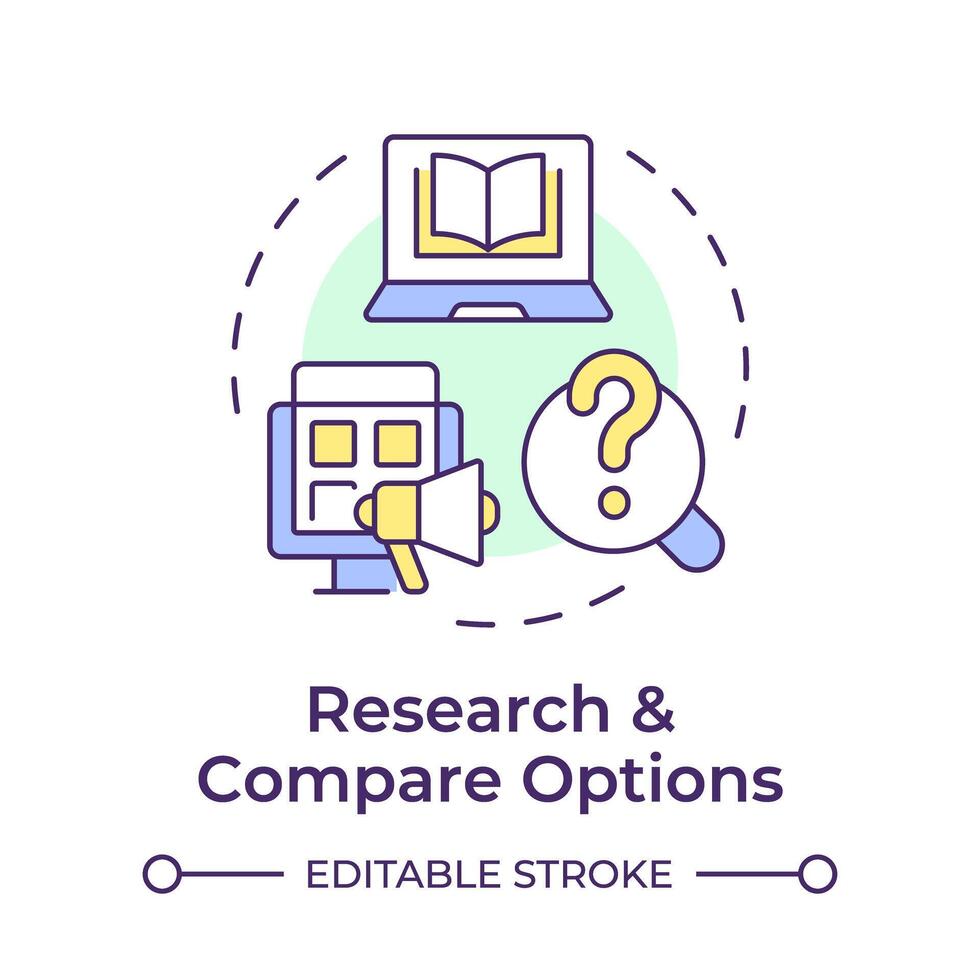 Research and compare options multi color concept icon. Library management systems. Round shape line illustration. Abstract idea. Graphic design. Easy to use in infographic, blog post vector