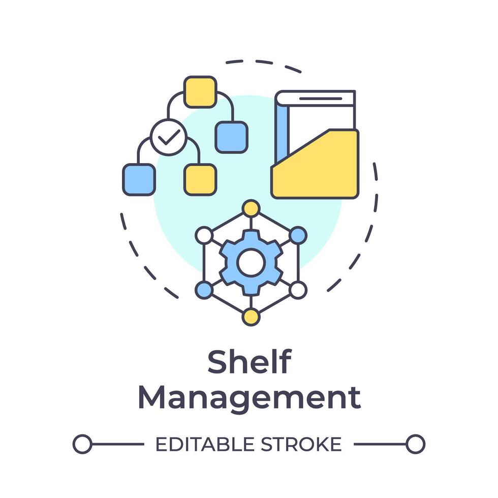 Shelf management multi color concept icon. Book maintenance, inventory processes. Round shape line illustration. Abstract idea. Graphic design. Easy to use in infographic, blog post vector