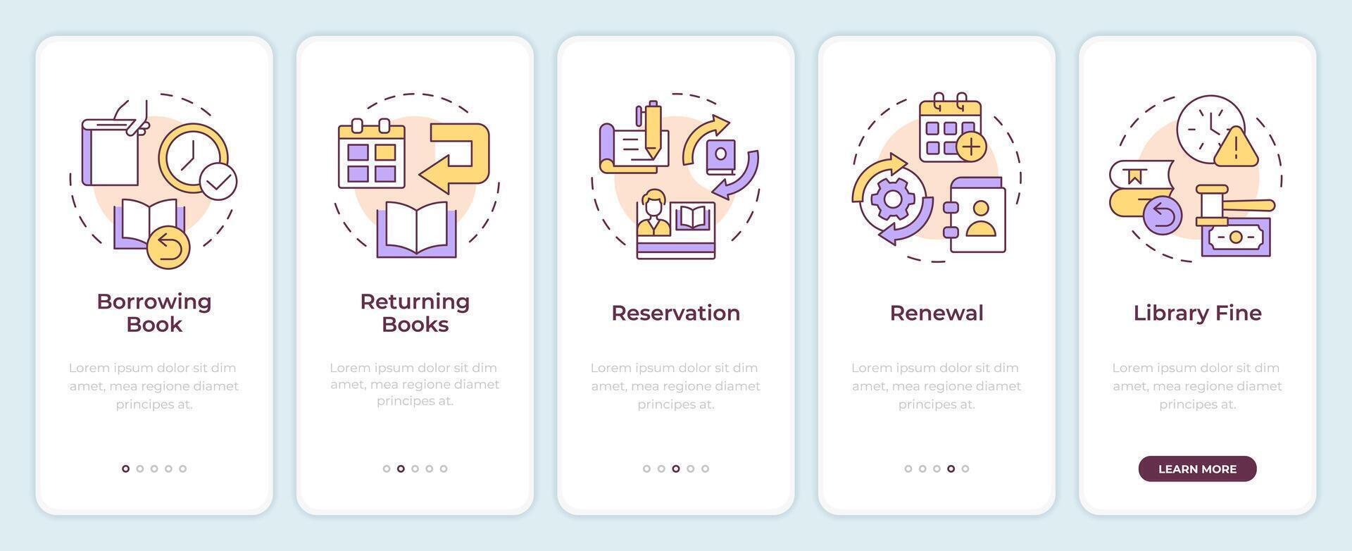 Book circulation types onboarding mobile app screen. Walkthrough 5 steps editable graphic instructions with linear concepts. UI, UX, GUI template. Montserrat Semibold, Regular fonts used vector