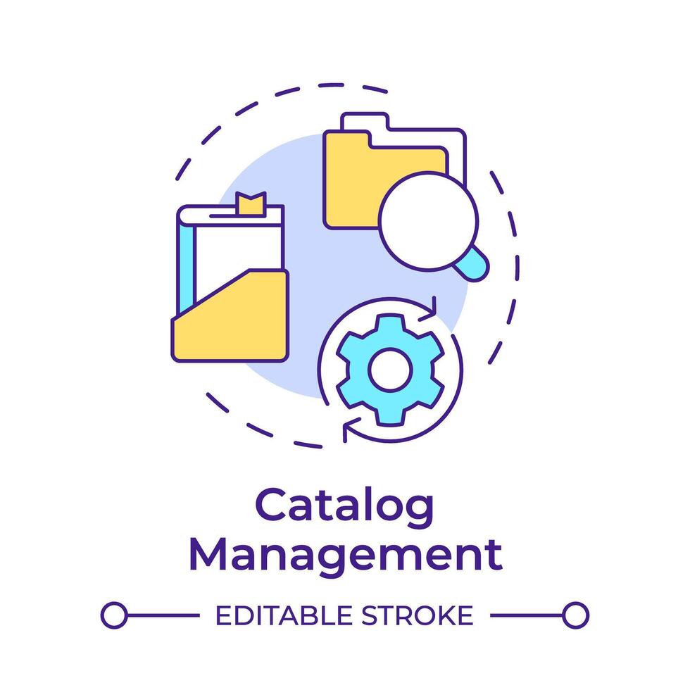 Catalog management multi color concept icon. Collection development, books managing. Round shape line illustration. Abstract idea. Graphic design. Easy to use in infographic, blog post vector