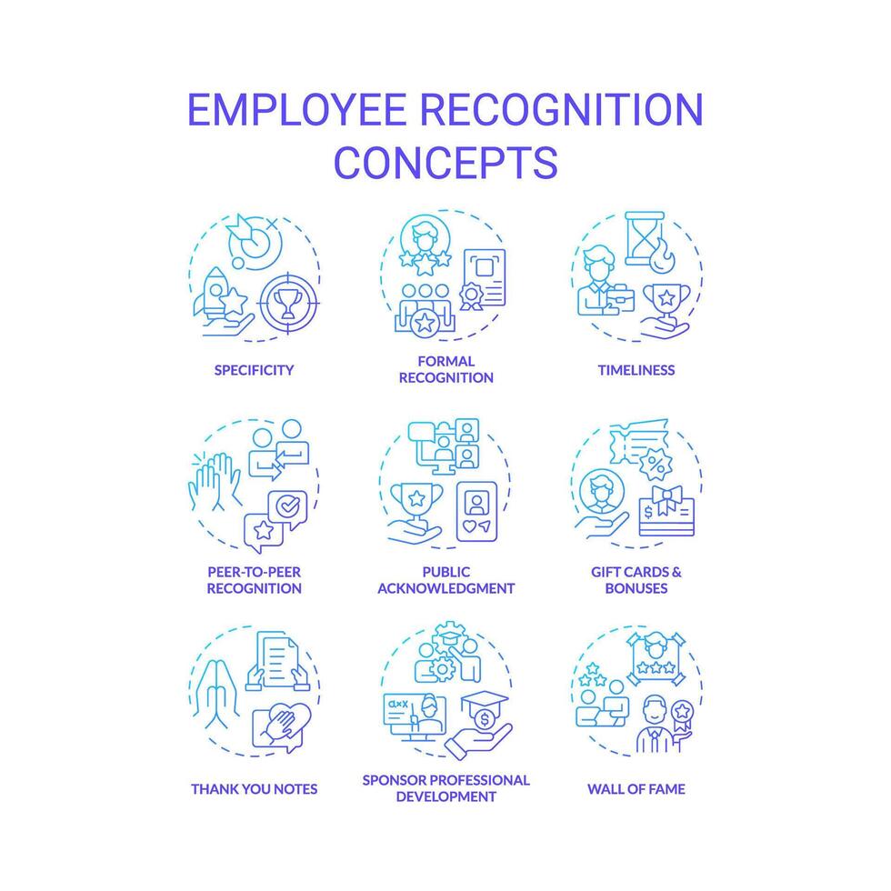 Employee recognition blue gradient concept icons. Team member appreciation. Workplace culture. Worker encouragement. Icon pack. images. Round shape illustrations. Abstract idea vector