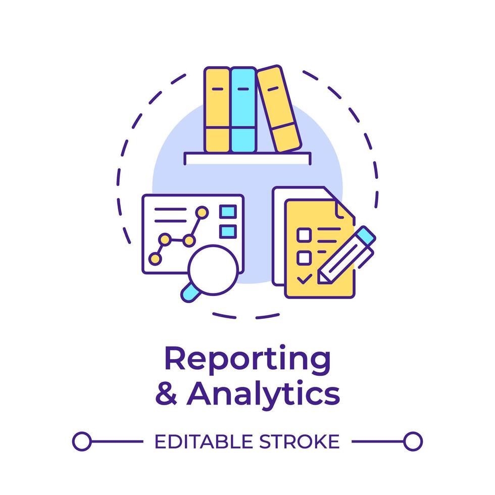 Reporting and analytics multi color concept icon. Customer service, analytical tools. Performance tracking. Round shape line illustration. Abstract idea. Graphic design. Easy to use in infographic vector