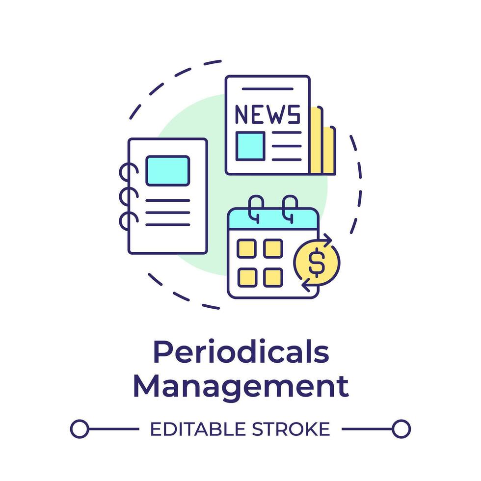 Periodicals management multi color concept icon. Books and materials. Catalog organization. Round shape line illustration. Abstract idea. Graphic design. Easy to use in infographic, blog post vector