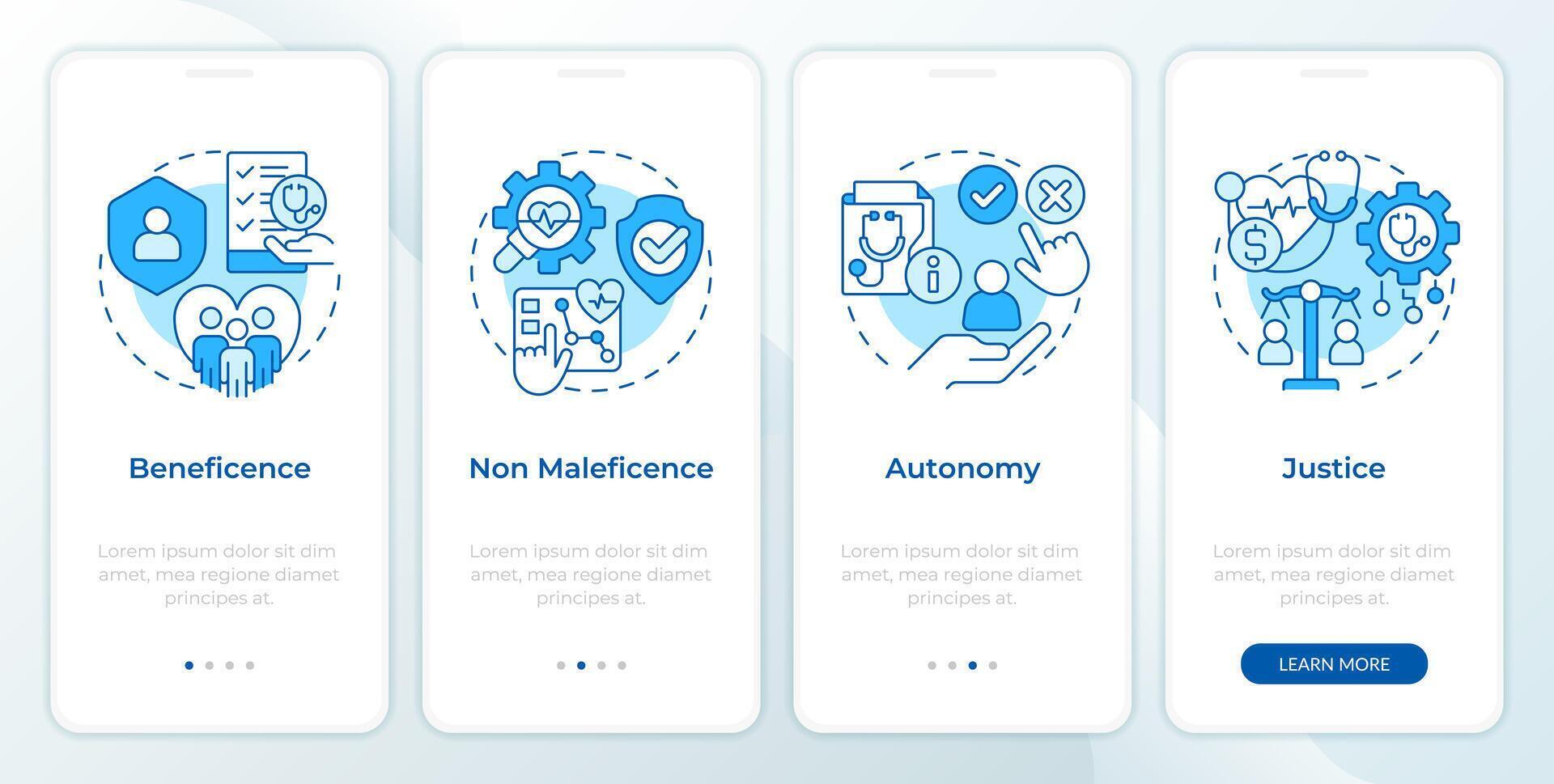 Principles of bioethics blue onboarding mobile app screen. Walkthrough 4 steps editable graphic instructions with linear concepts. UI, UX, GUI template. Montserrat SemiBold, Regular fonts used vector