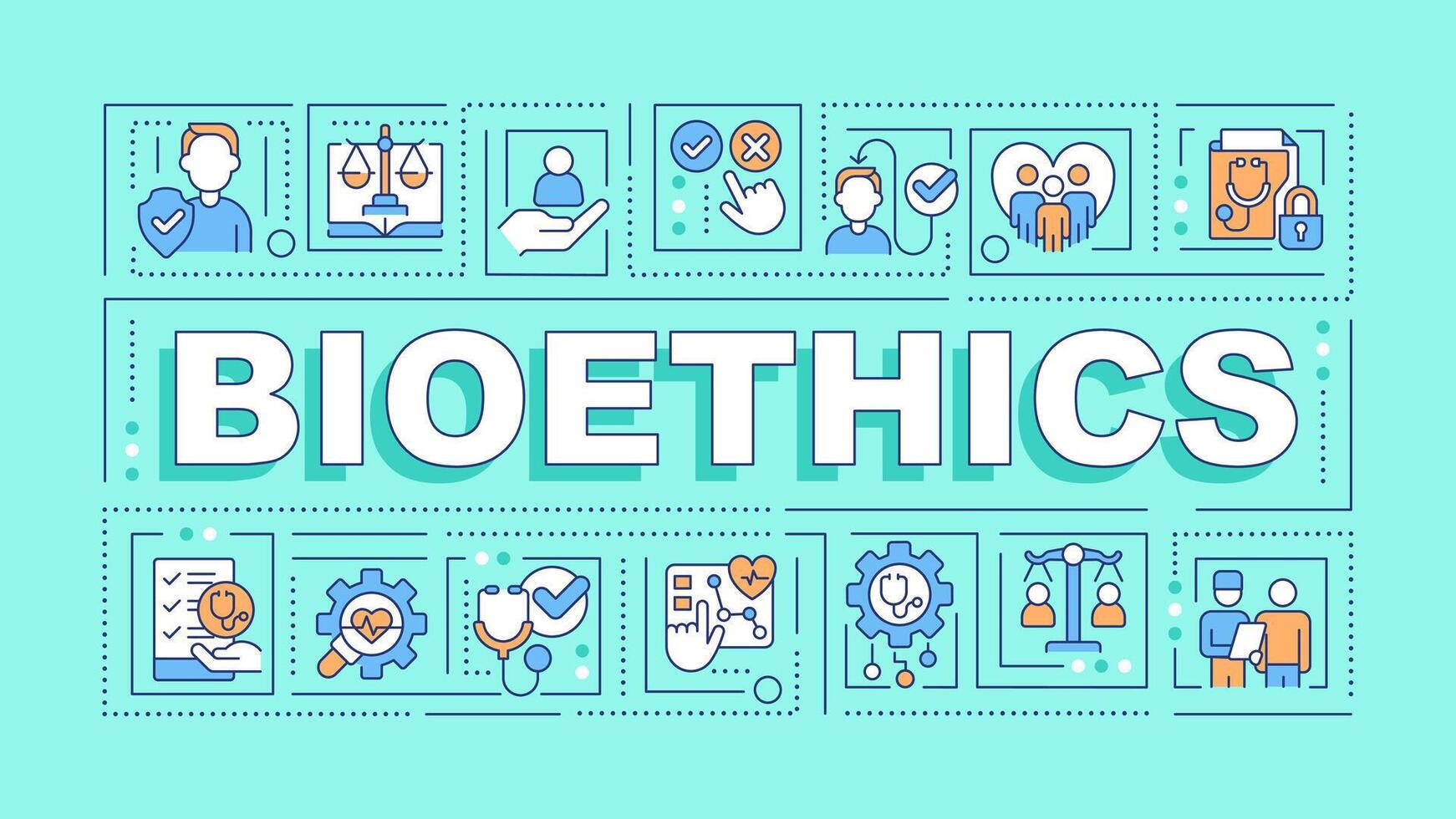 Bioethics turquoise word concept. Ethical principles in healthcare. Typography banner. Flat design. illustration with title text, editable line icons. Ready to use vector