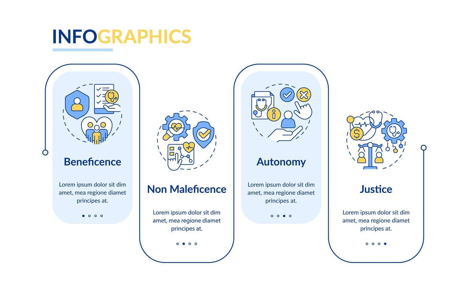 Principles of bioethics blue rectangle infographic template. Data visualization with 4 steps. Editable timeline info chart. Workflow layout with line icons vector