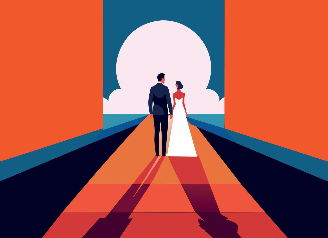 elegante Pareja en puesta de sol caminar - moderno amor ilustración vector