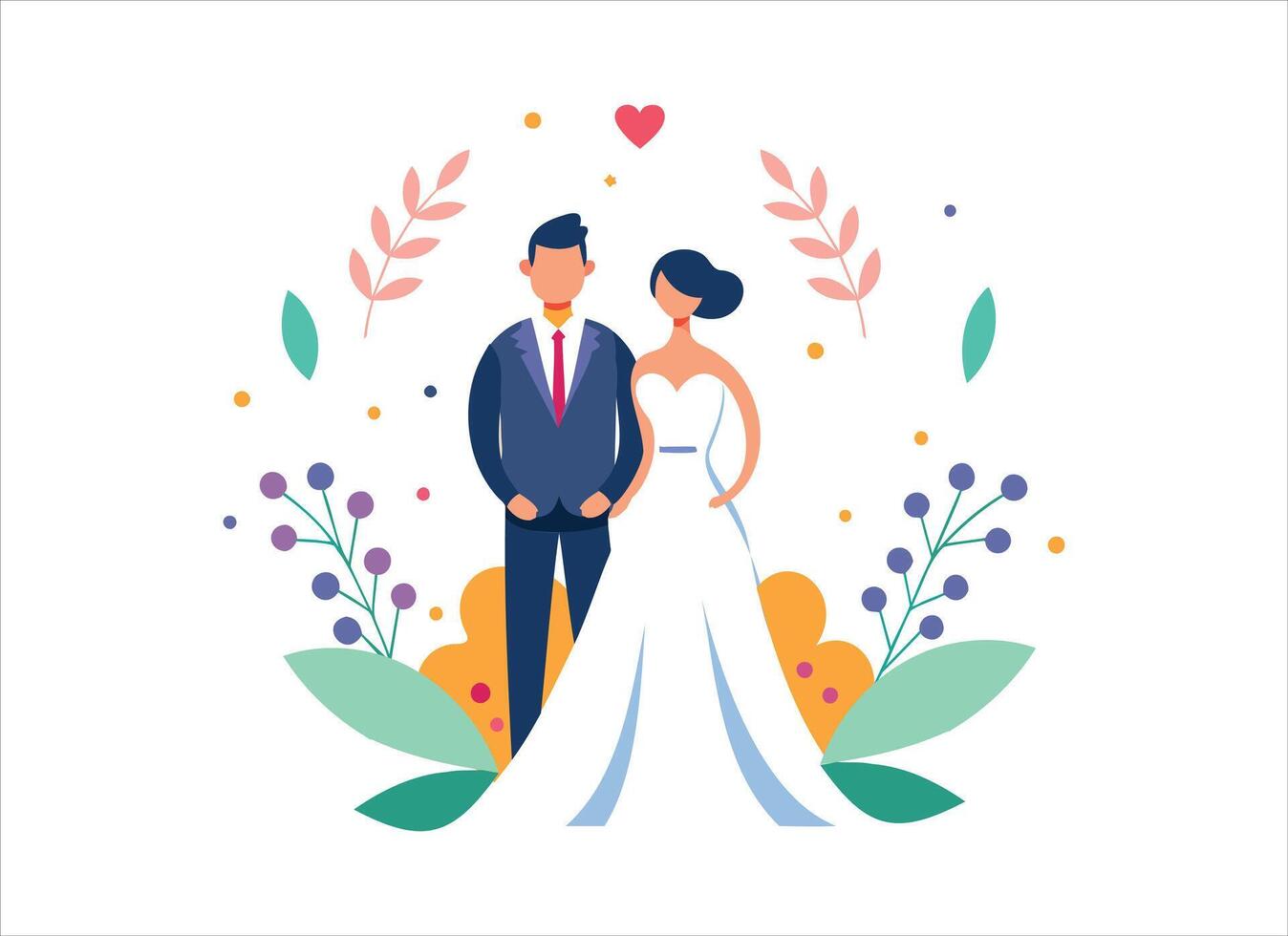 Elegant Cartoon Wedding Couple Illustration with Floral Background vector