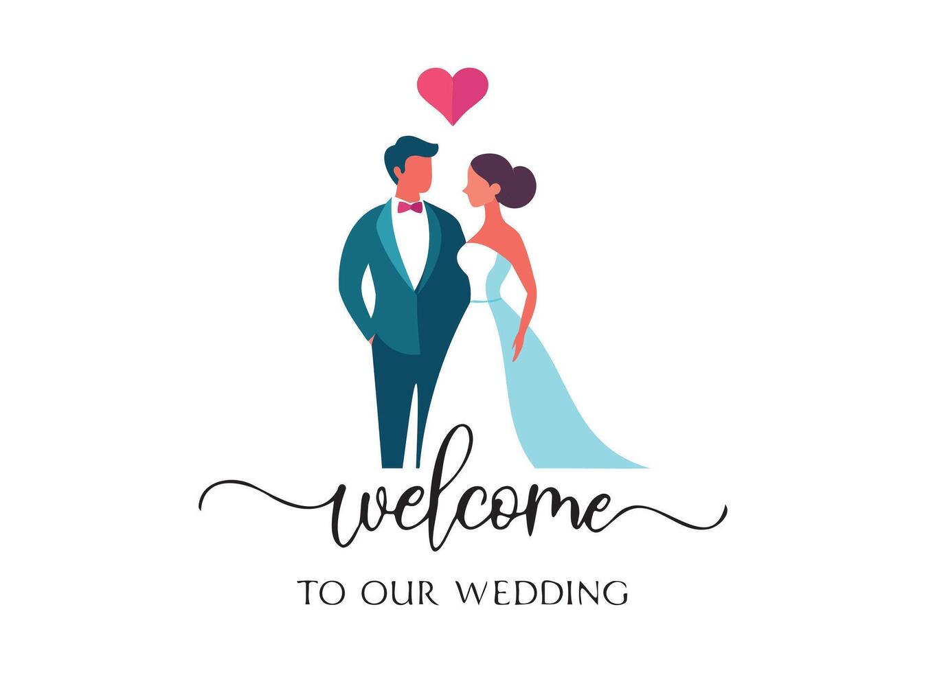 Elegant Wedding Welcome Sign with Bride and Groom Illustration vector