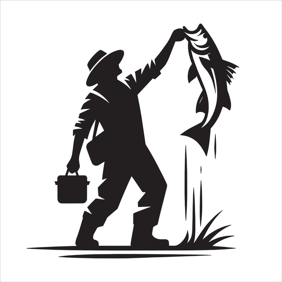 a silhouette of a fisherman with a fish in his hand vector