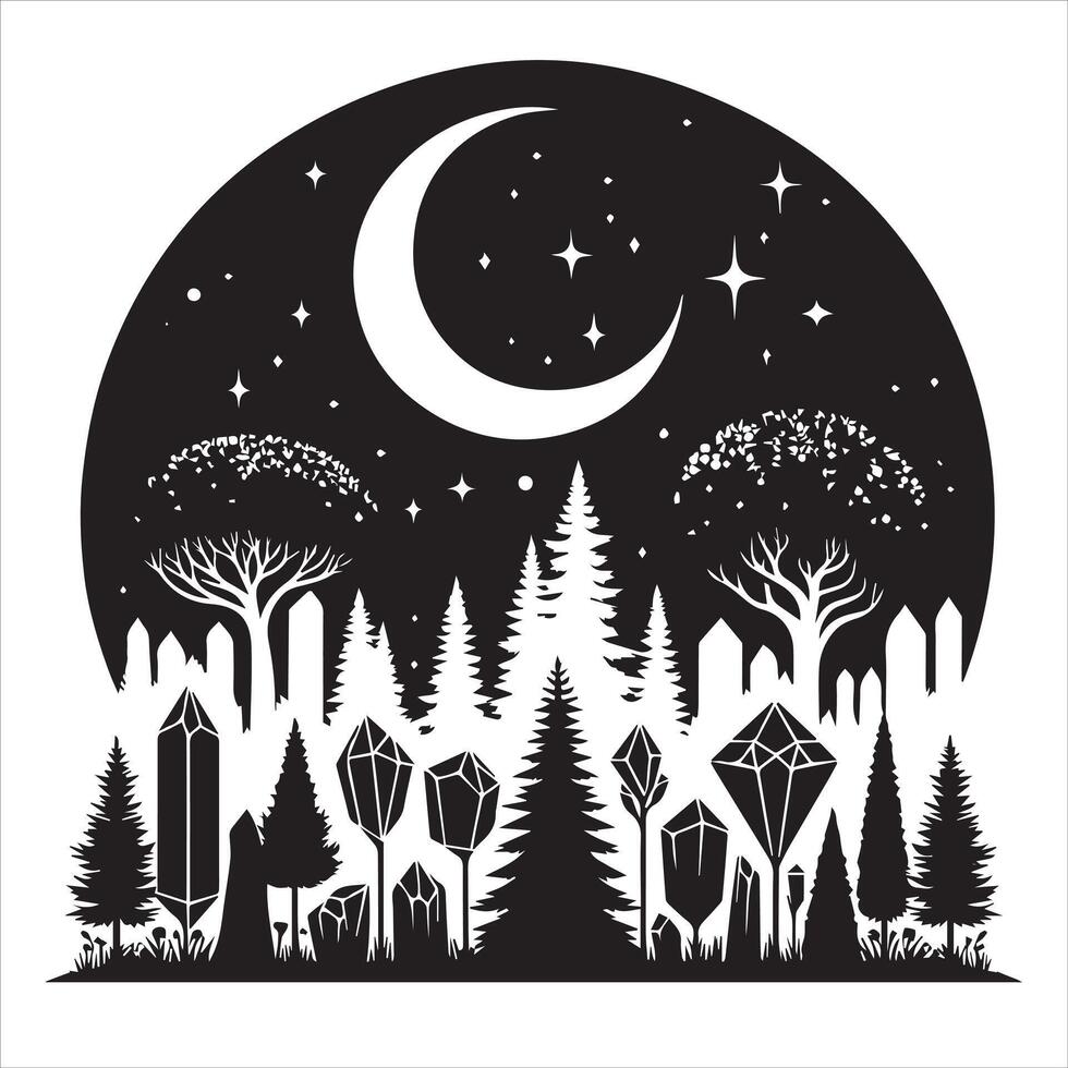 Magic Crystal Forest illustration in black and white vector