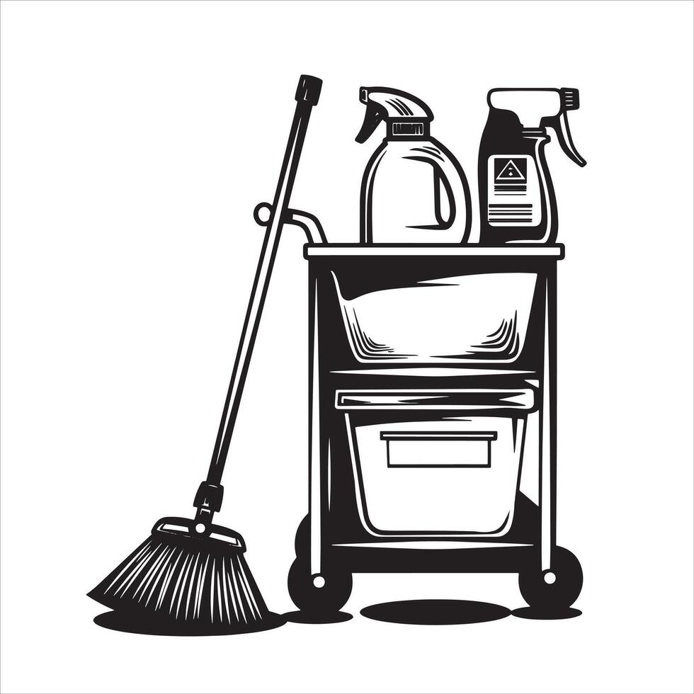 a black and white Custodian cart drawing and Janitor Cart Illustration vector