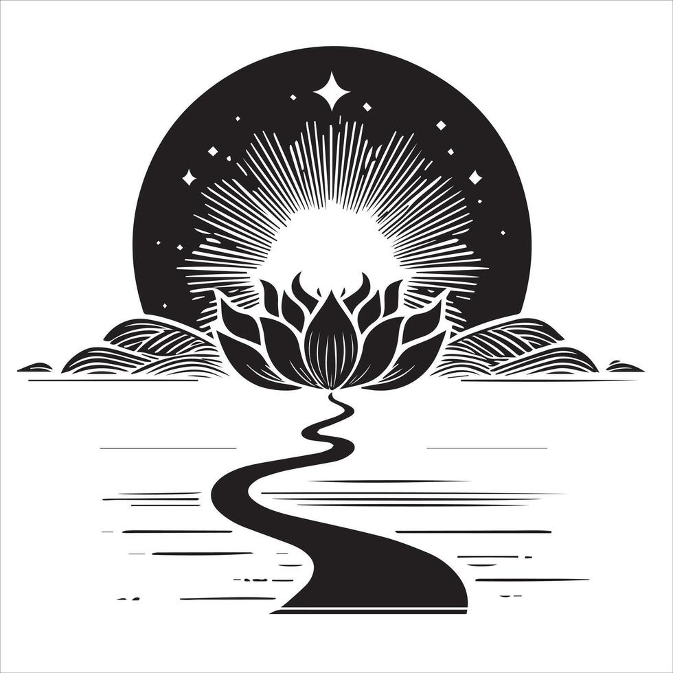 A black and white illustration of a river with a lotus flower in the middle vector