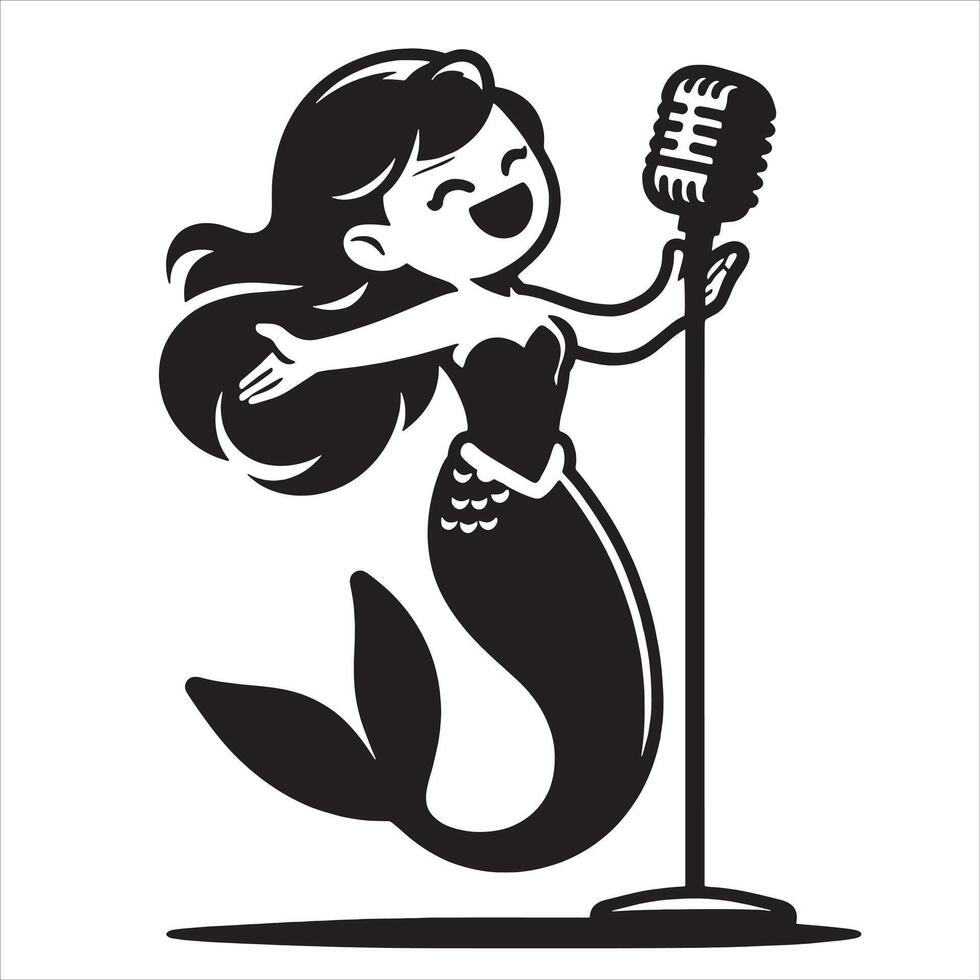 sirena cantante silueta con micrófono ilustración vector