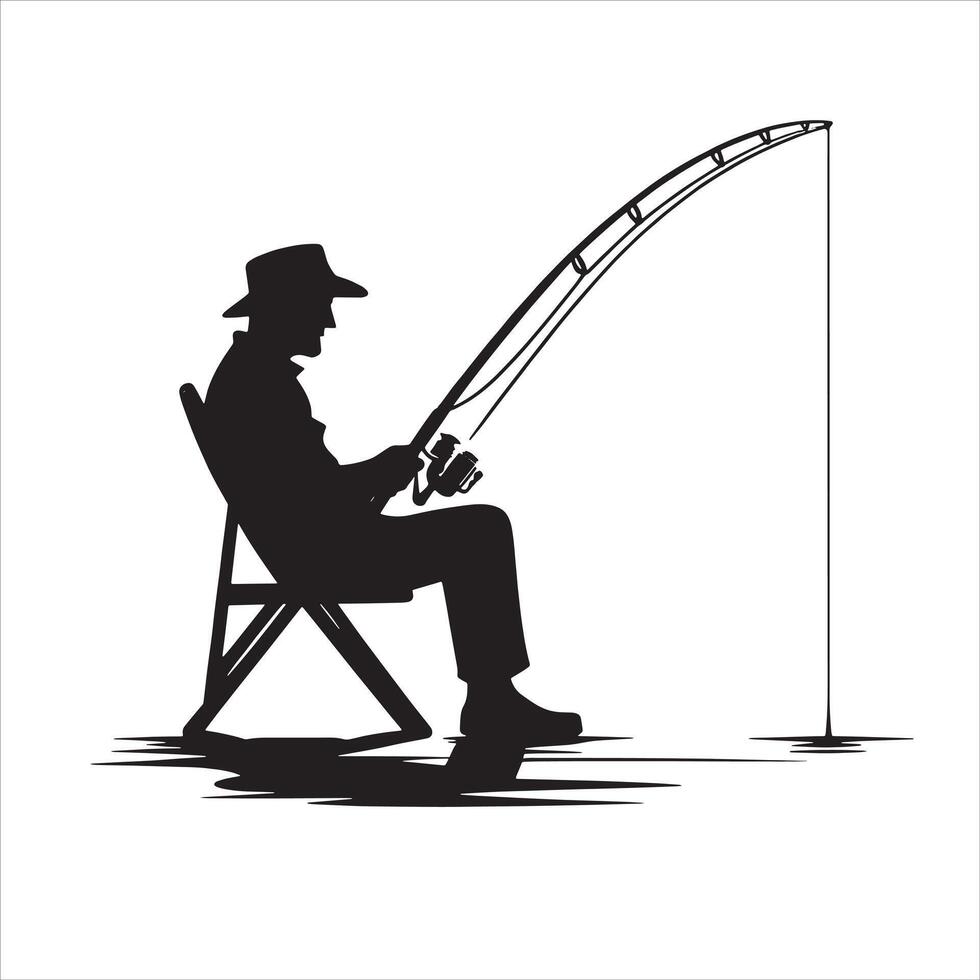 a silhouette of a man fishing in a chair with a fishing rod in the corner vector