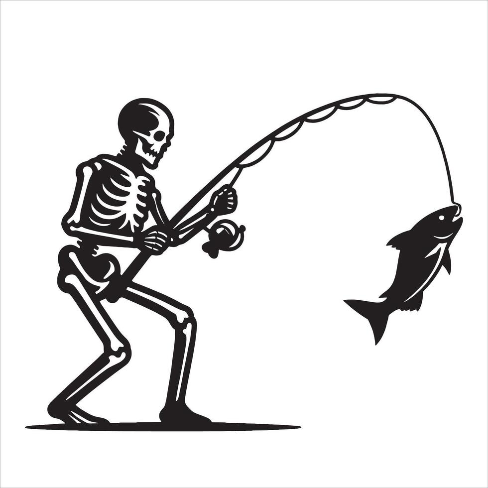 A skeleton fisherman with a fish in his hand vector