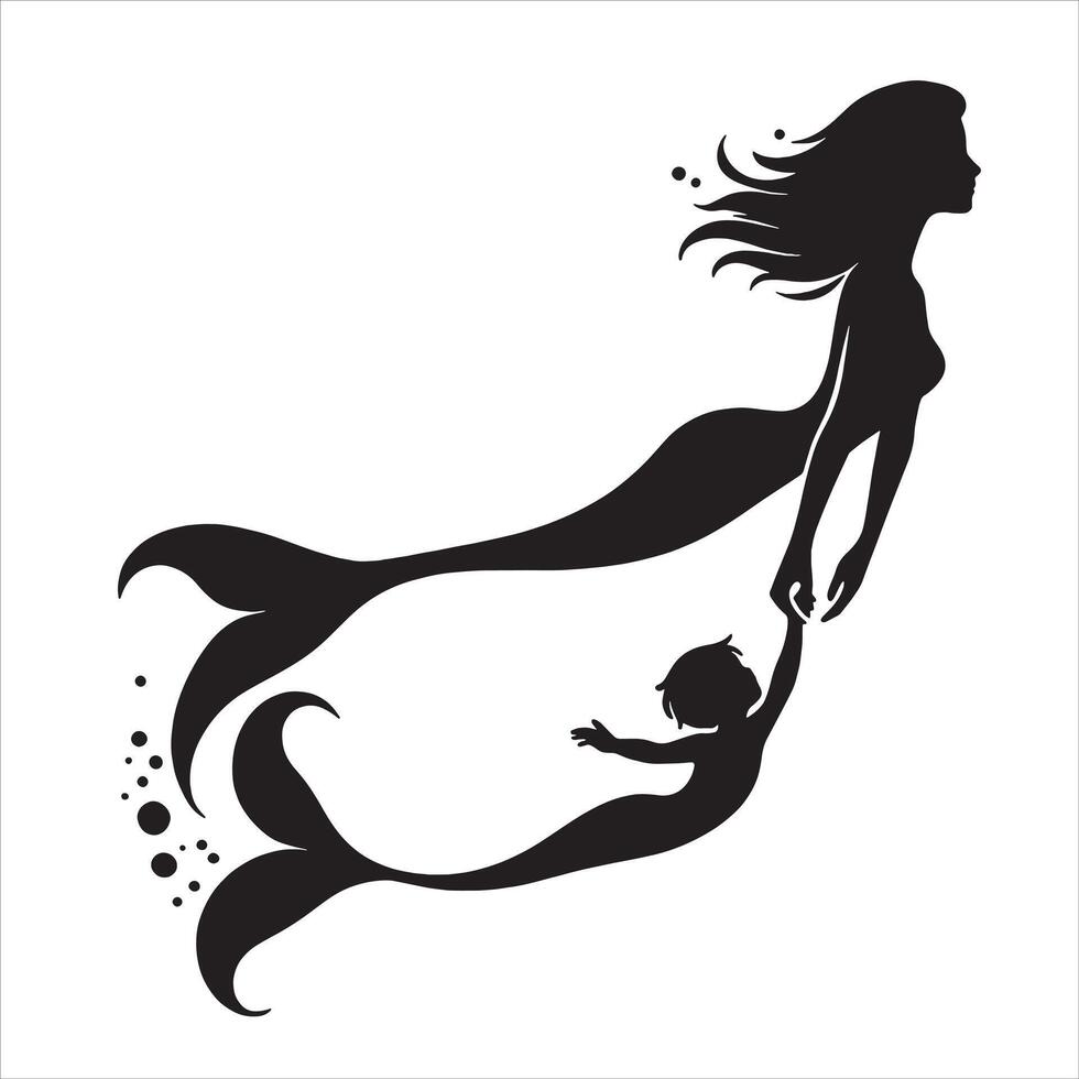 sirena con sirena bebé silueta ilustración vector