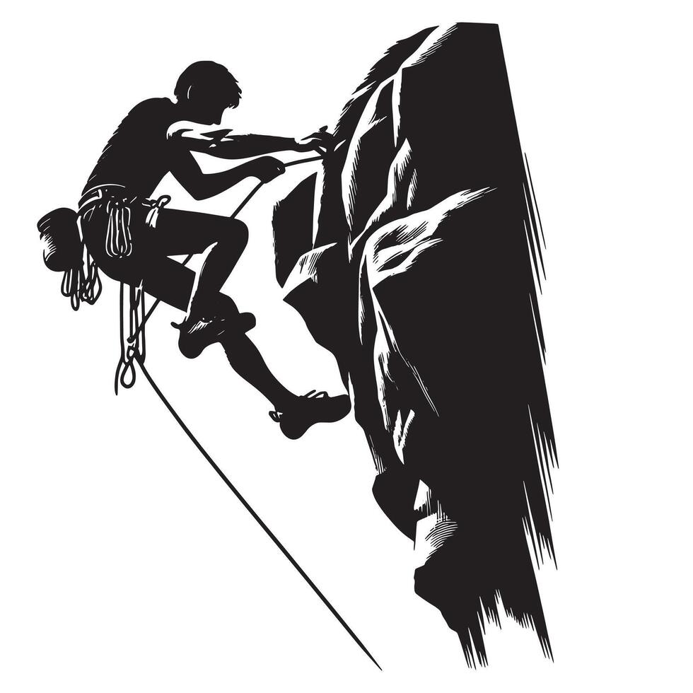 Rock climbing illustration in black and white vector