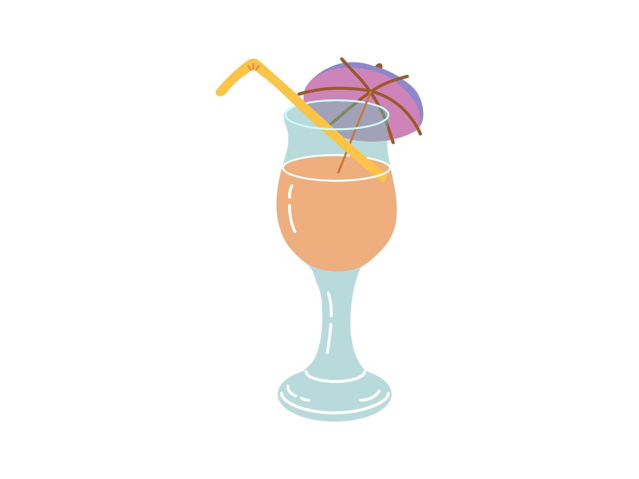 Cute hand drawn cocktail with straw and umbrella. Flat illustration of cocktail in glass isolated on white background. Doodle drawing. vector