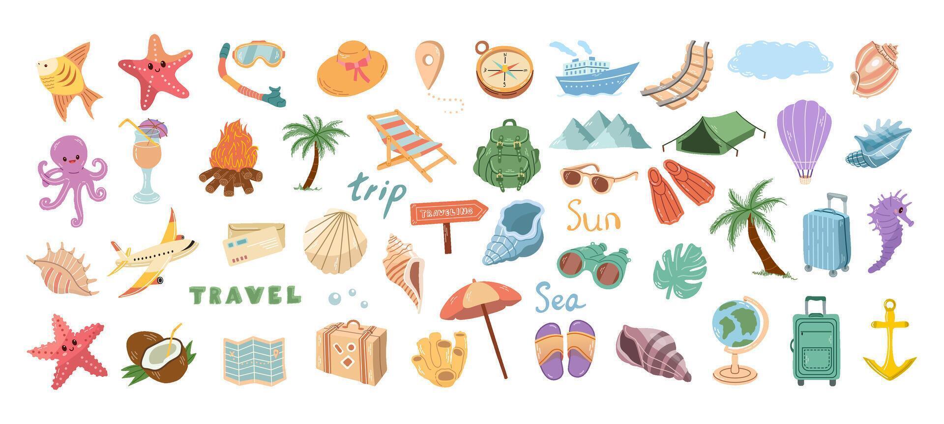 A cute set of hand-drawn travel icons. Badges for tourism and camping adventures. A clipart with travel elements, bags, transport, camera, map, palm tree, shells. vector