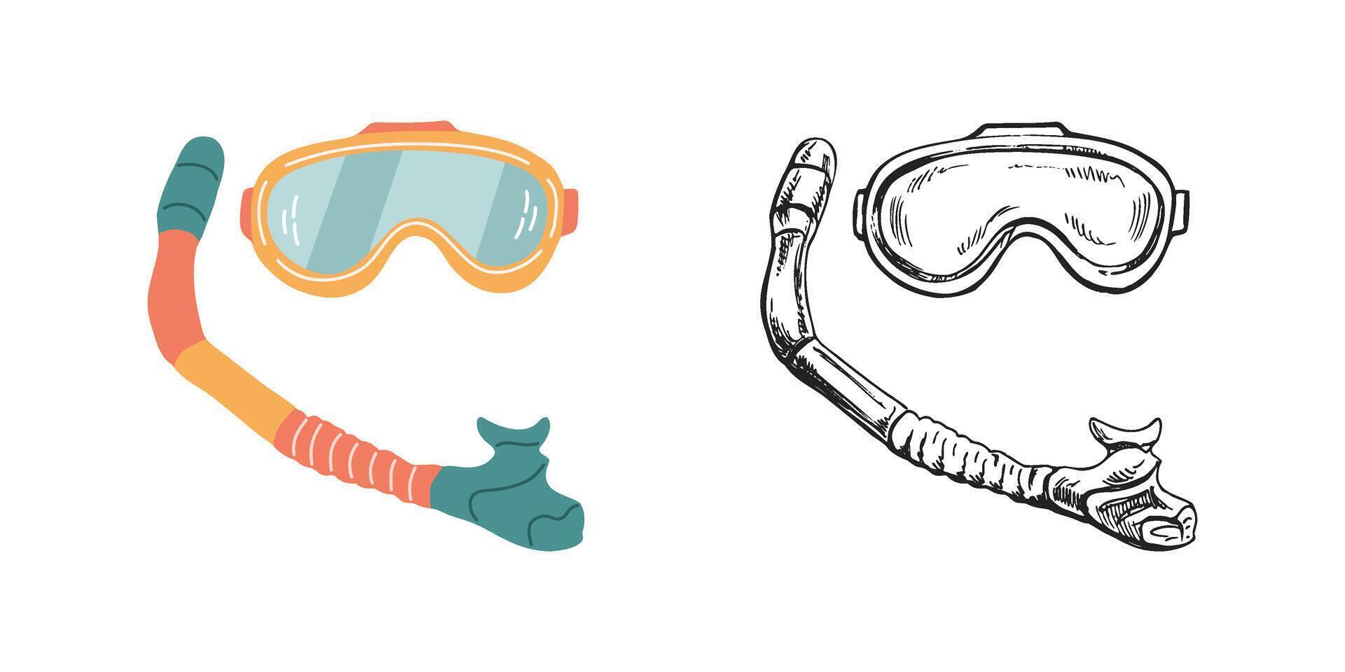 Cute hand drawn diving mask and snorkel, Marine concept elements. Flat and outline sketch illustrations on white background. vector