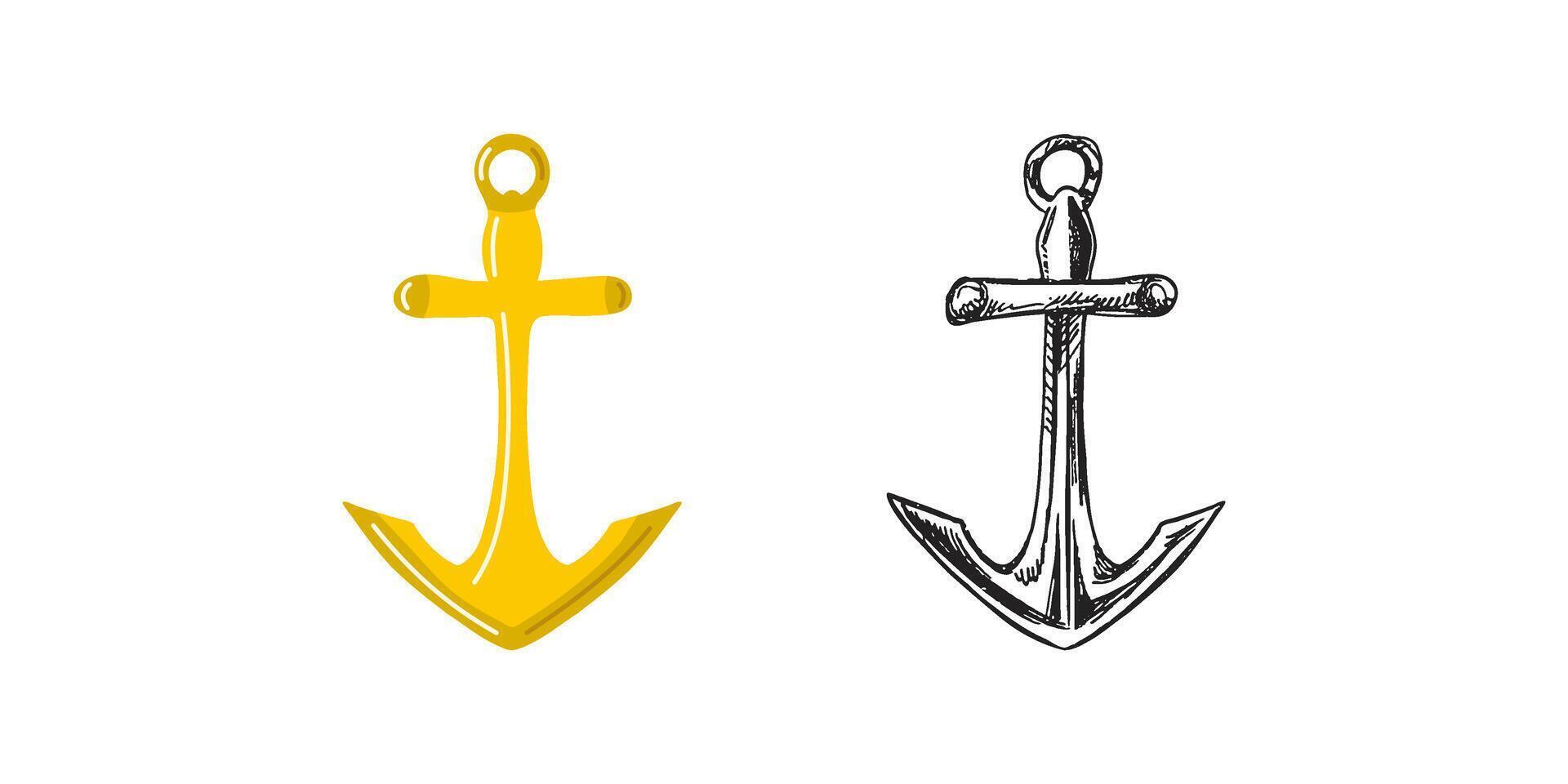 Cute hand drawn ship's anchor. Flat and outline black illustration isolated on white background. Doodle drawing. vector