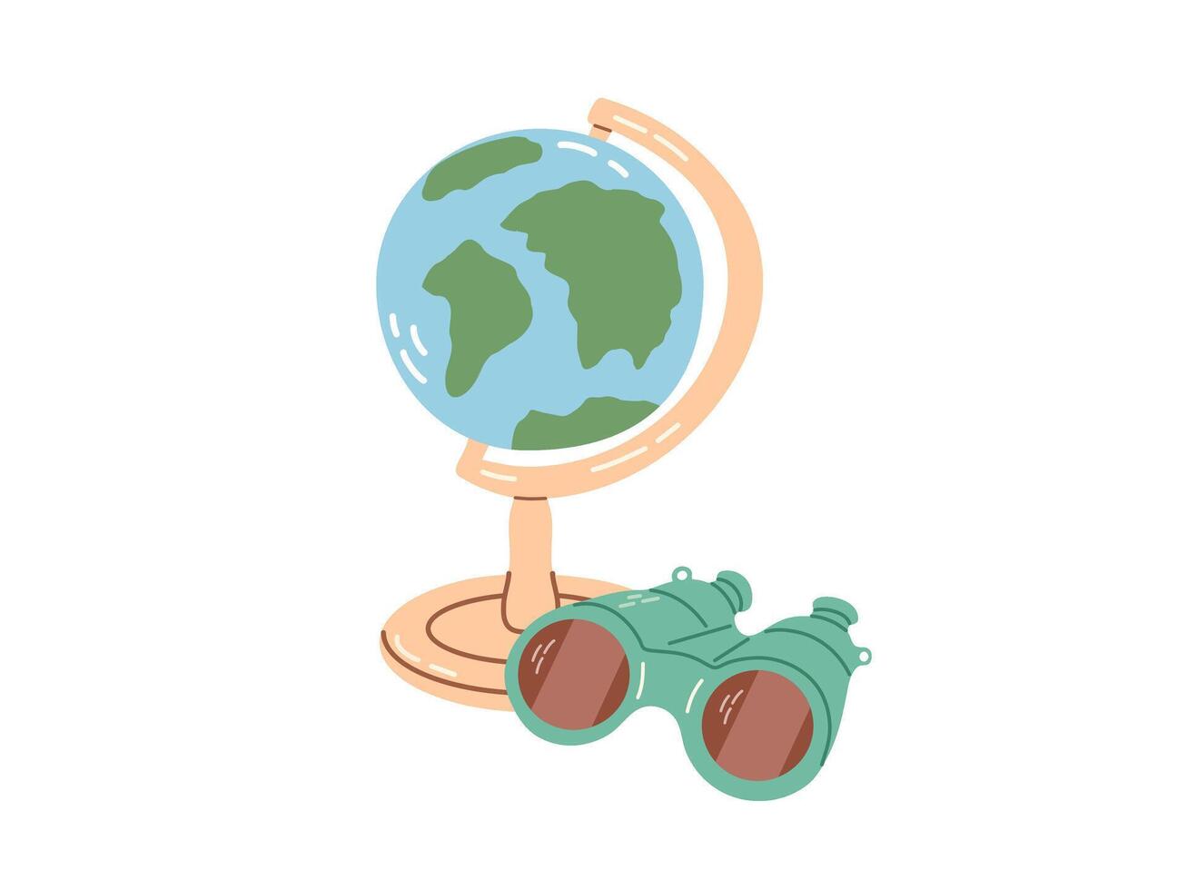 Cute hand drawn vintage globe and binoculars. Flat illustration isolated on white background. Doodle drawing. vector