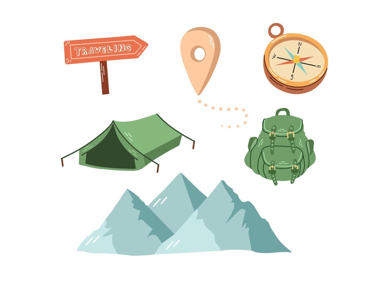 A cute set of hand-drawn travel icons. Badges for hiking and hiking adventures. A clipart with elements of travel, mountains, a backpack, a compass, a tent. vector