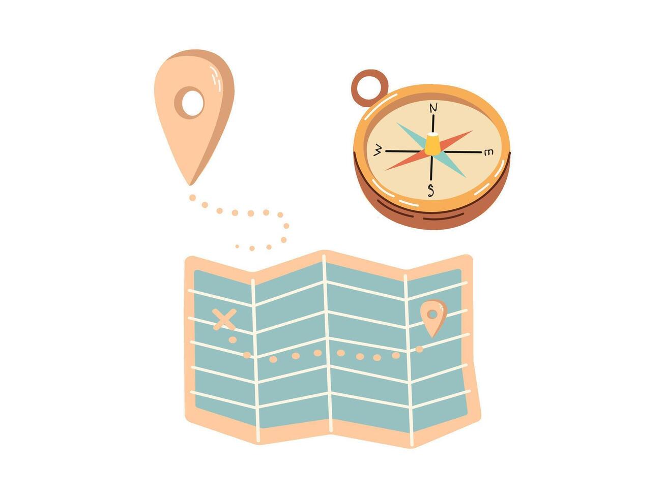 Cute hand drawn compass, geolocation mark and paper map. Flat illustration isolated on white background. Doodle drawing. vector