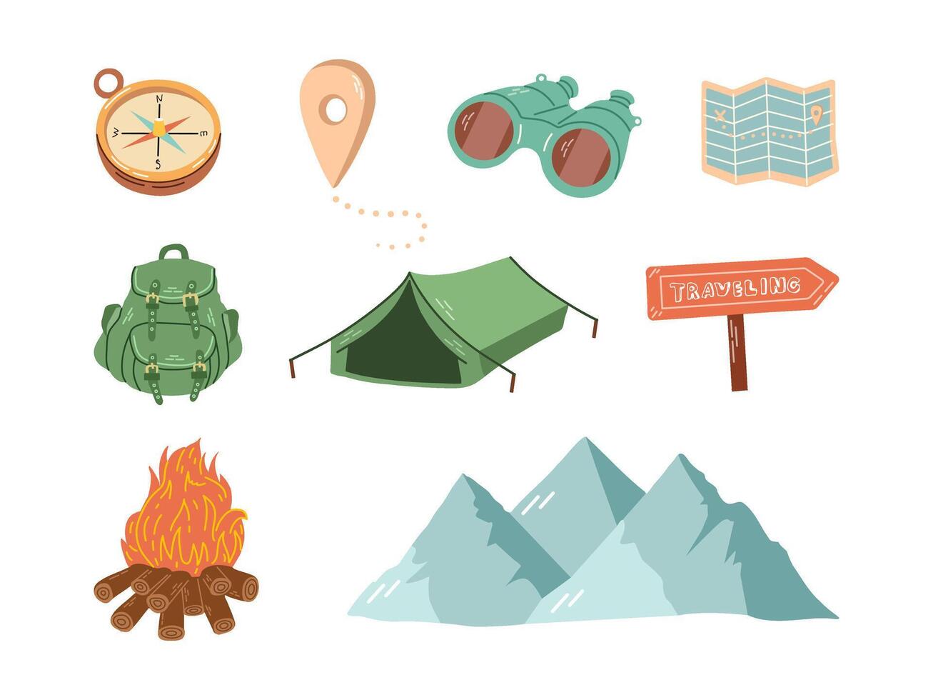 Cute hand drawn set of travel icons. Tourism and camping adventure icons. Clipart with traveling elements, mountains, campfire, backpack, binoculars, compass, tent. vector