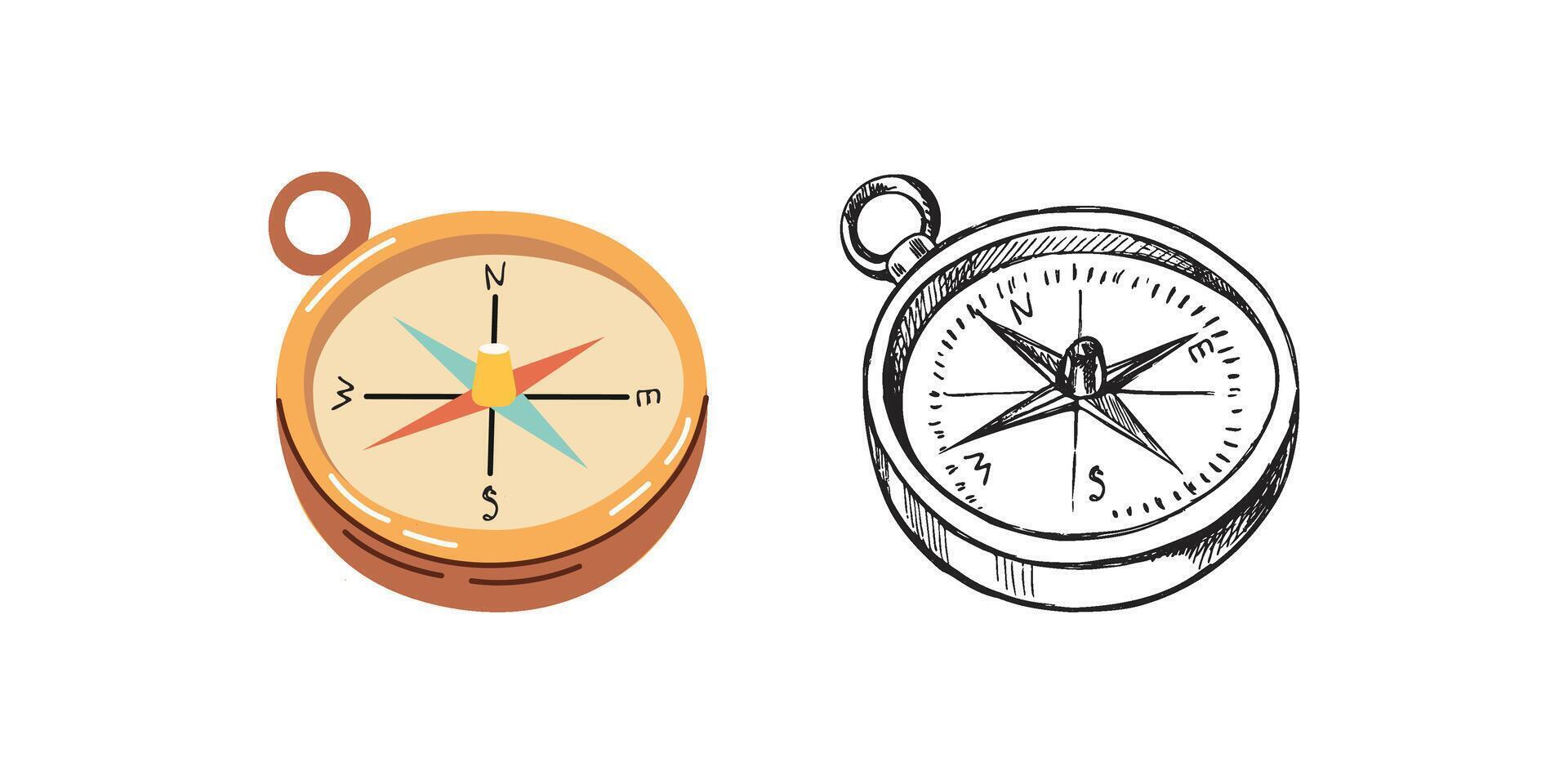 Cute hand drawn compass. Flat and outline black illustration isolated on white background. Doodle drawing. vector