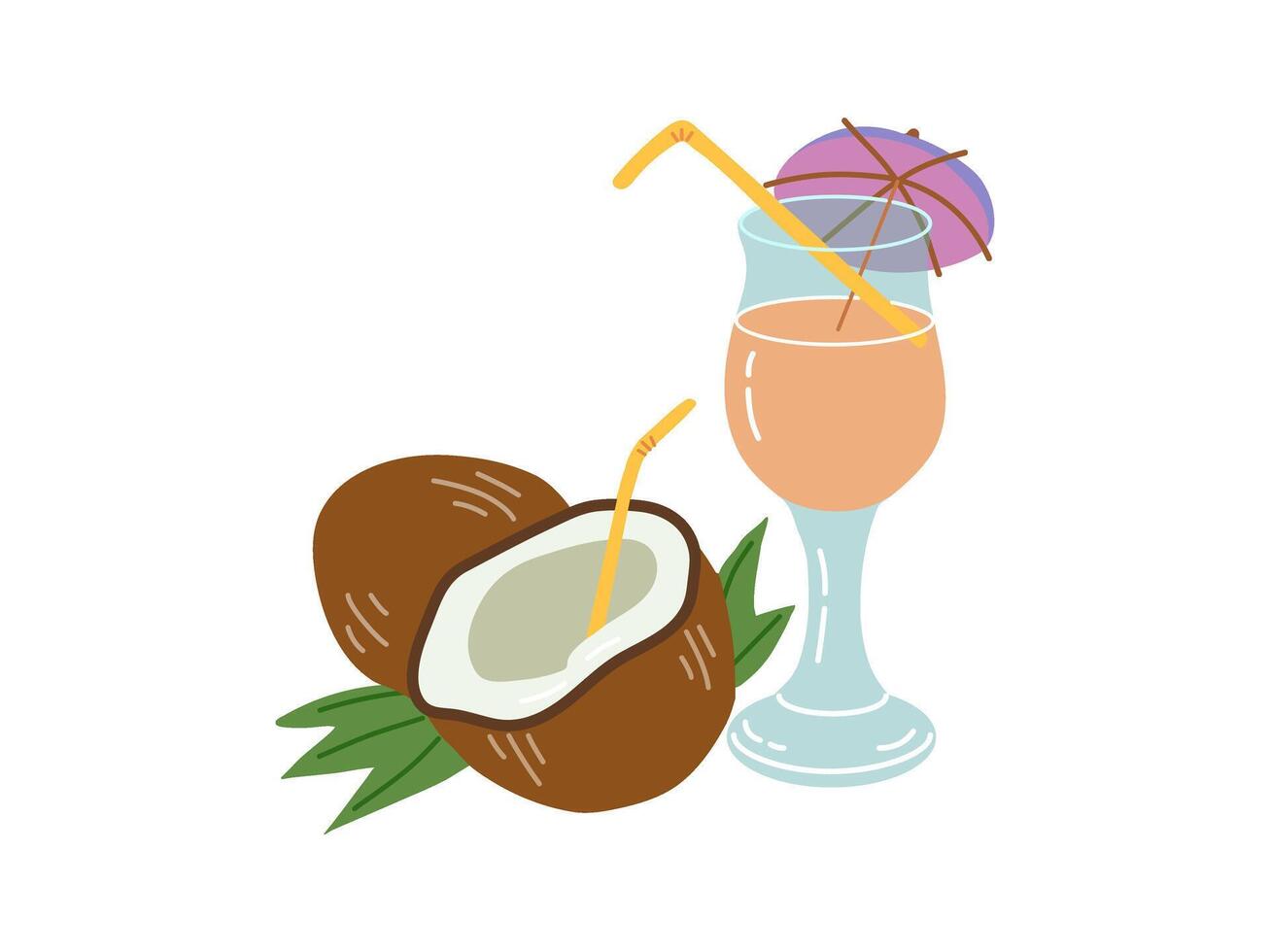 Cute hand drawn cocktail with straw and umbrella, coconut with straw. Flat illustration of cocktail in glass isolated on white background. vector