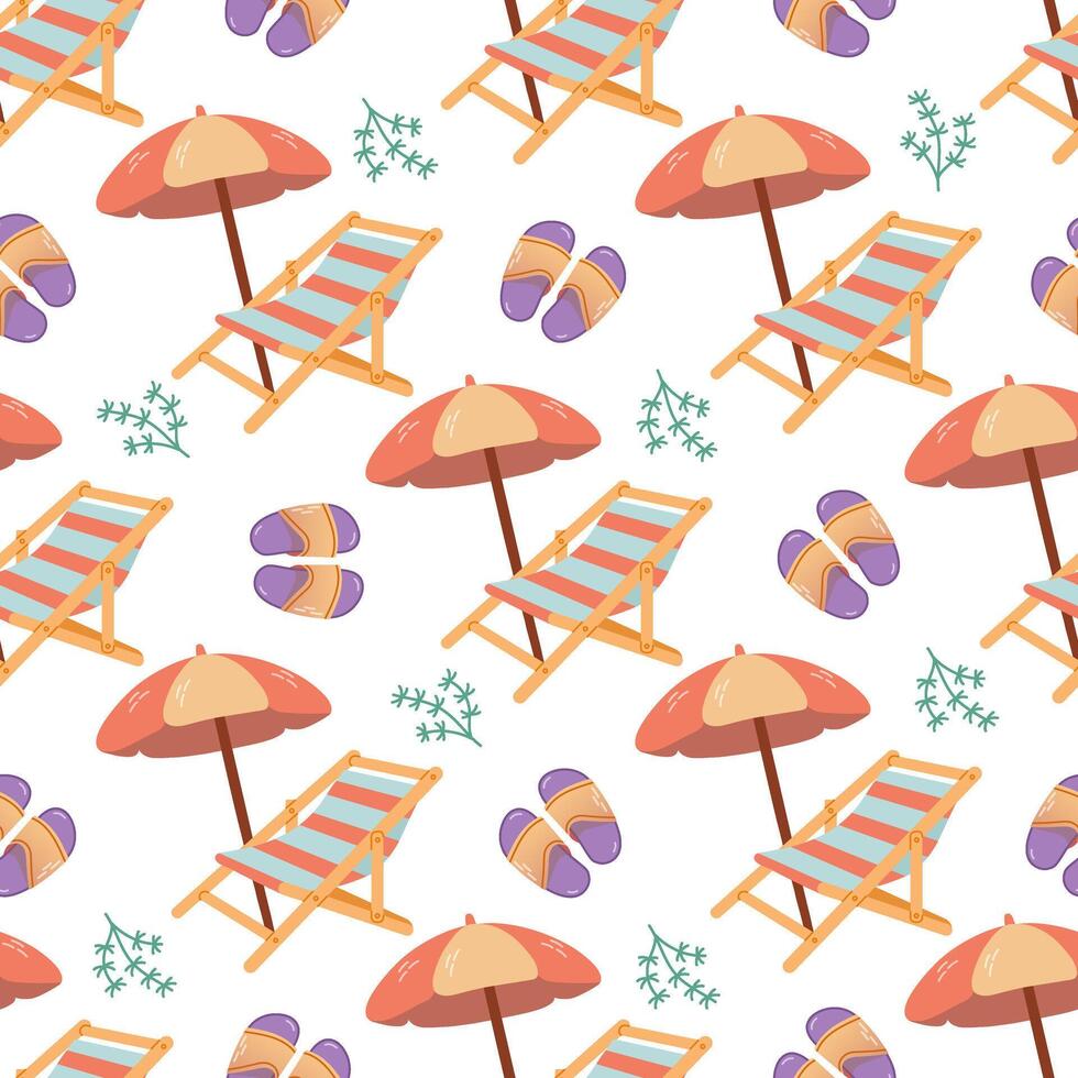 Cute hand drawn beach chair with beach umbrella with flip flops, seamless pattern. Flat illustration isolated on white background. Doodle drawing. vector