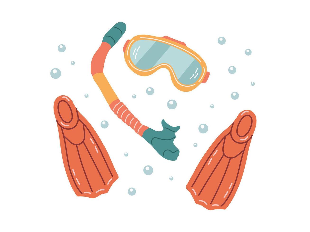 Cute hand drawn diving mask, diving fins and snorkel, Marine concept elements. Flat illustration on white background. vector