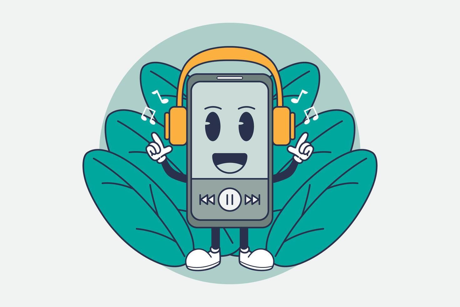 Smartphone listening to music with headphones. Design illustration vector