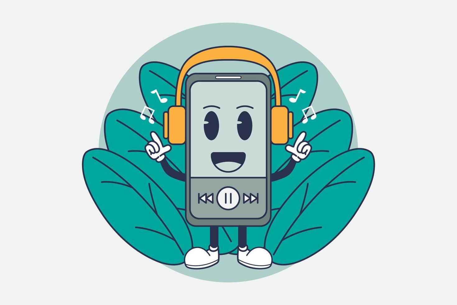 Smartphone listening to music with headphones. Design illustration vector