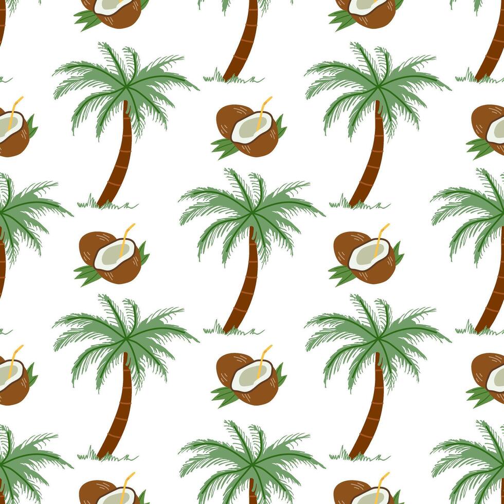 Cute hand drawn palm tree and coconut seamless pattern. Flat illustration isolated on white background. Doodle drawing. vector