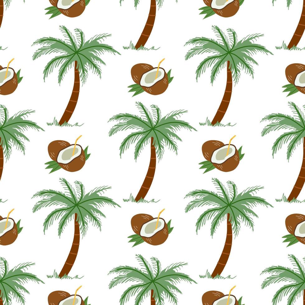 Cute hand drawn palm tree and coconut seamless pattern. Flat illustration isolated on white background. Doodle drawing. vector