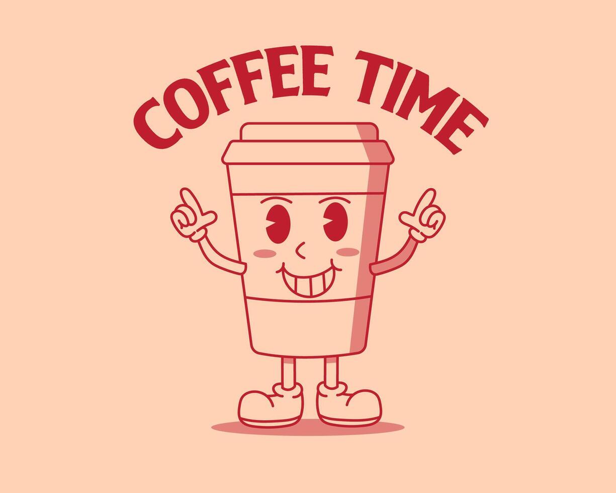 Retro cartoon cup of coffee. Mascot design template illustration vector