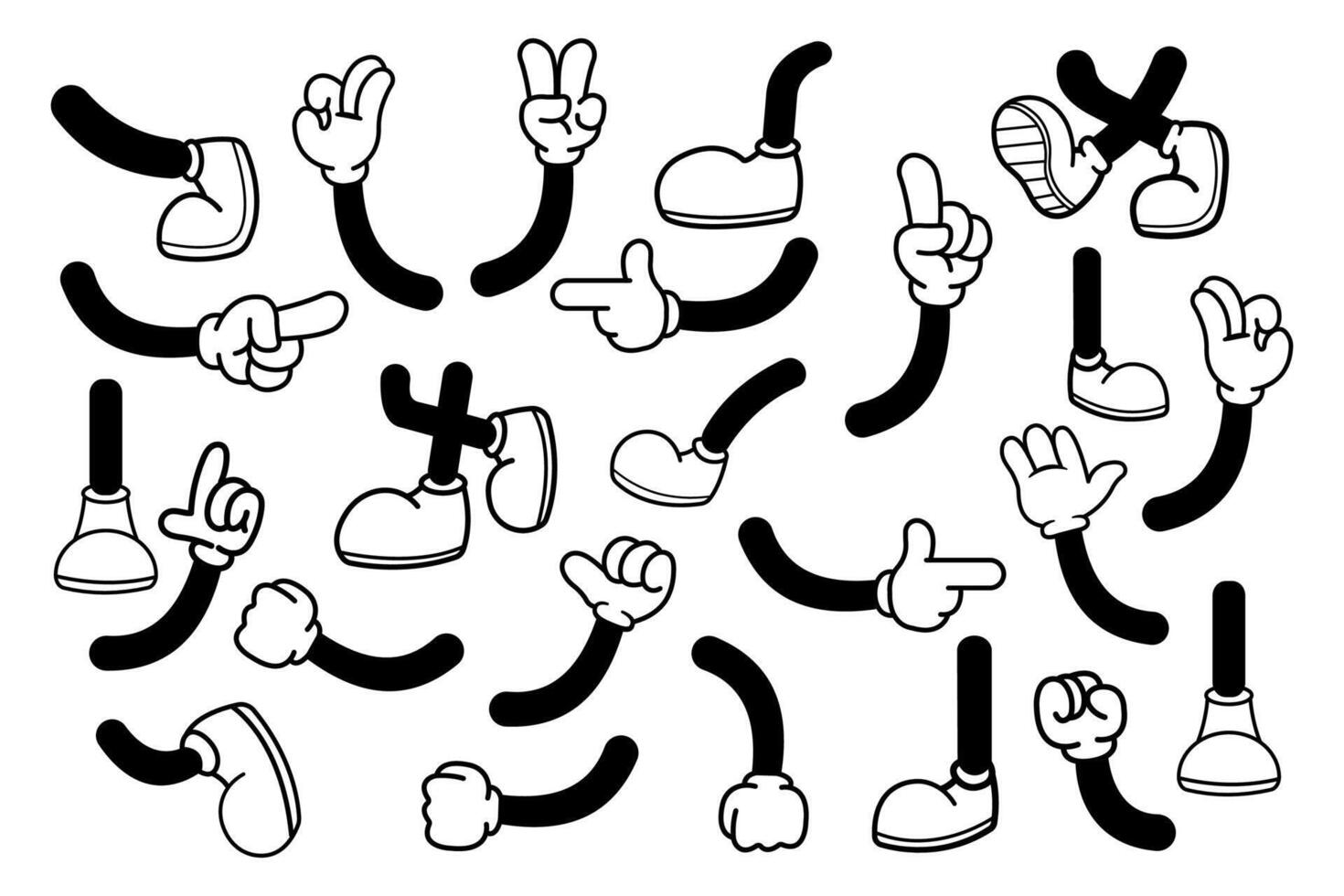 Set of retro cartoon hand gestures and feet in shoes. illustration vector